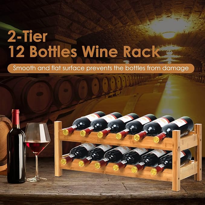 COSTWAY Wine Rack, Bamboo 12 Bottles 2-Tier Wine Display Rack for Countertop Home Kitchen Pantry, Free Standing Wine Storage, Rack Tabletop Wine Rack (Bamboo)