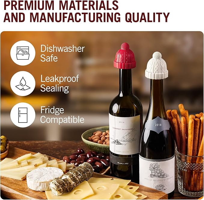 Monkey Business Beanie Wine Stopper, Pack of 3, Cute Wine Accessories, Fun Kitchen Gadgets, Wine Stoppers for Wine Bottles, Knit-Beanie-Shaped Wine Bottle Stopper w/a Pom-Pom