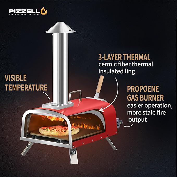 13" Outdoor Pizza Oven Propane Wood Fired Outdoor Foldable Pizza Ovens with Gas Burner, Wood Tray Pizza Stone, Pizza Peel, Cover