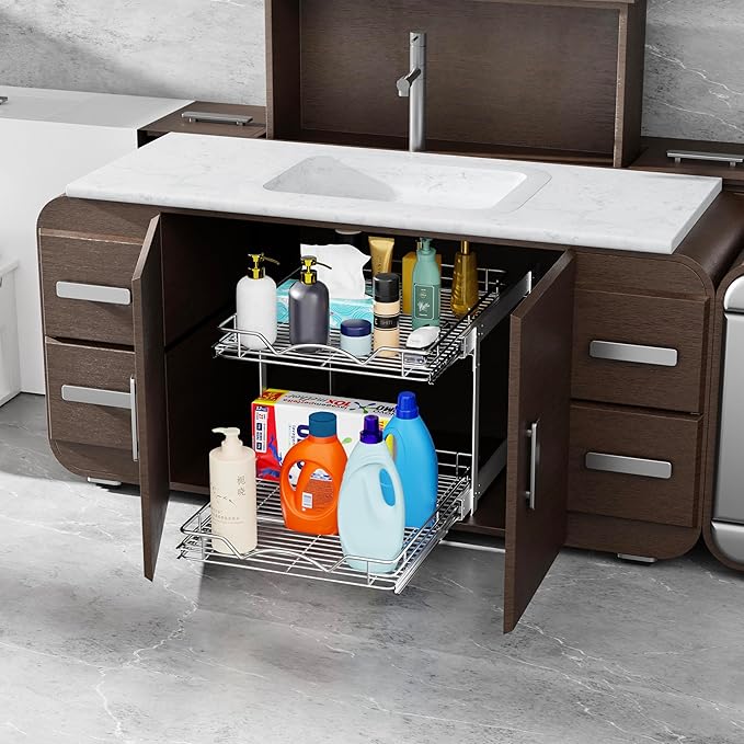 HOLDN’ STORAGE 2-Tier Pull Out Cabinet Organizer, Individual Sliding Drawers - Heavy Duty Metal with Lifetime Limited Warranty - Anti Rust Chrome Finish - 12" W x 21" D x 16.5" H