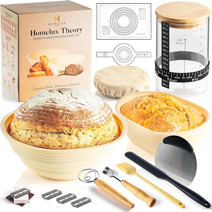 Sourdough Starter Kit, 14pcs Bread Making Kit & Sourdough Bread Baking Supplies Kit, Banneton Basket Kit for Sourdough Proofing with Bread Baking bowl for Artisan Breads (Yellow) by HOMELUX THEORY