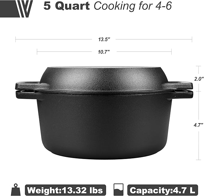 Pre-seasoned Cast Iron Double Dutch Oven Pot with Skillet Lid, Dual-handle, for Bread Baking, Outdoor, Campfire Cooking, 5 Quart