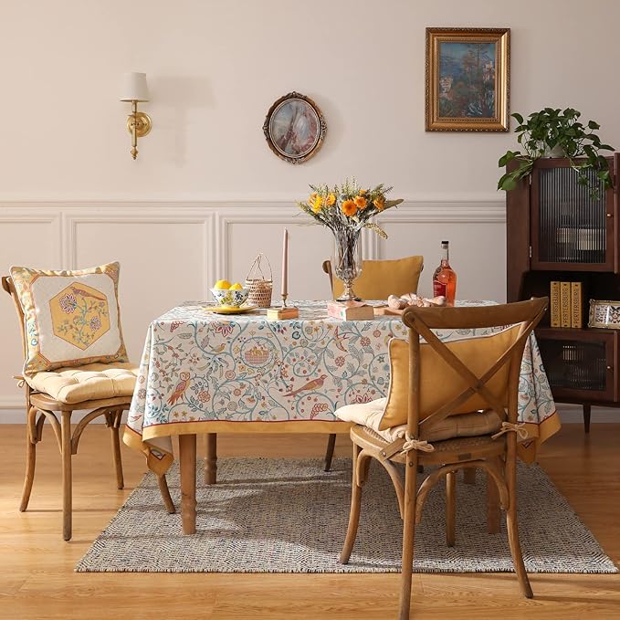 patdrea Designer Yellow French Spring Summer Tablecloth,Rustic Linen Floral Birds Pattern Table Cloth for Rectangle Tables,Decor Table Cover for Kitchen Dining Banquet,Christmas,63"*102"