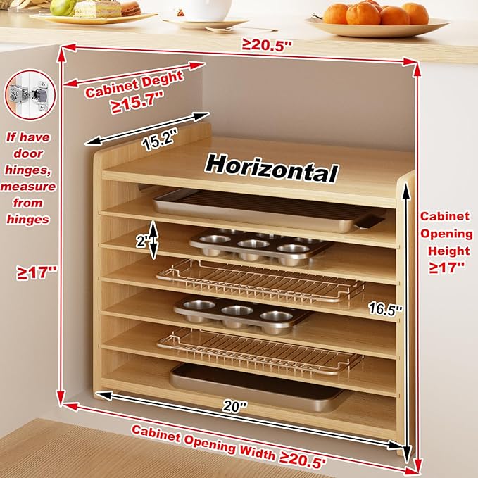 7 Tier Wooden Tray Dividers for Cabinets Cookie Sheet Organizer for Pot, Pans, Baking Tray Organizer for Kitchen Documents Storage(20" W x 16.5" H x 15.2" D)