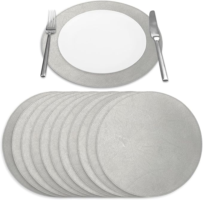 Morgan Faux Leather Round Set of 12 Placemats, 15", Silver, Heat Resistant, Stain Resistant, Non-Slip, Reversible, Durable Table Mats for Kitchen, Dining Table, Indoor Washable Use