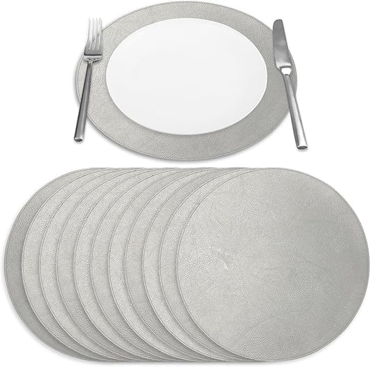 Morgan Faux Leather Round Set of 12 Placemats, 15", Silver, Heat Resistant, Stain Resistant, Non-Slip, Reversible, Durable Table Mats for Kitchen, Dining Table, Indoor Washable Use
