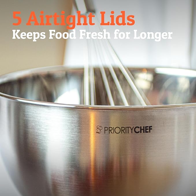 Priority Chef Premium Mixing Bowls With Lids Set, Airtight Lids, Thicker Stainless Steel, Non-Slip Base, 5 Nesting Steel Bowls for Kitchen, Large Prep Metal Bowl Set 1.5/2/3/4/5 Qt, Khaki