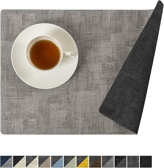 Romanstile Reversible Vinyl Placemats Set of 4, Faux Leather 100% Waterproof Oil-proof Wipeable Place Mats, Heat Resistant Dual Sided Table Mats for Kitchen/Dining/Party (Grey Light Grey, 12 x 17 Inch
