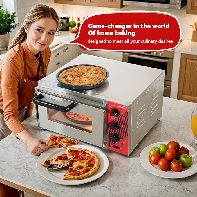 CROSSON Electric 12” Pizza Oven Countertop with Pizza Stone, 30-minute Timer and interior light,Indoor Stainless Steel Pizza Maker for Home Use,120V/1600W