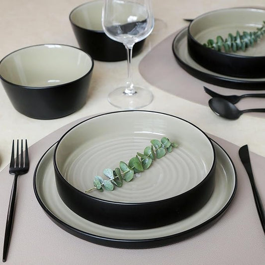 Stone Lain Elica 24-Piece Modern Dinnerware Set Stoneware, Plates and Bowl Sets for 8, Beige and Black