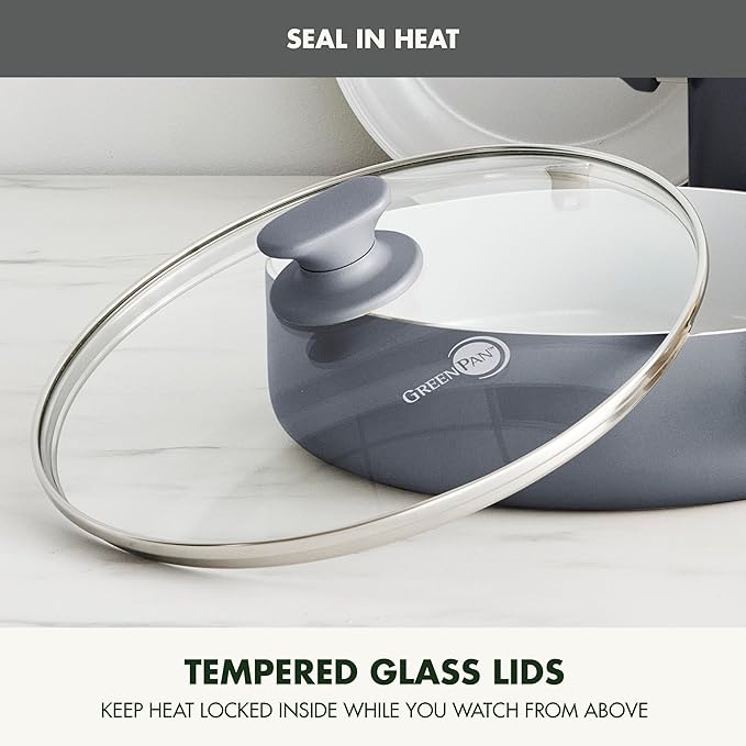 GreenPan Dover Healthy Ceramic Nonstick, 12 Piece Cookware Pots and Pans Set, PFAS-Free, Dishwasher Safe, Comfort Grip Handle, Gray