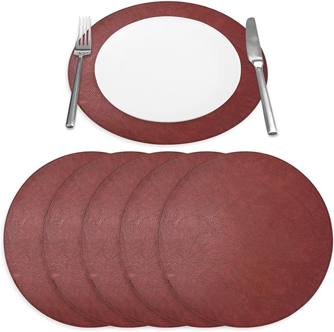 Placemats Set of 6 – Round 15” Faux Leather Table Mats for Dining, Heat Resistant & Non-Slip Washable Indoor, Outdoor, Dining Table Set for 6, Modern Kitchen & Holiday Use, Burgundy
