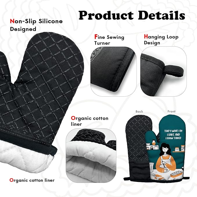Funny Housewife Cooking and Baking BBQ Kitchen Gadgets with Heat Resistant Silicone Non-Slip, That's What I Do I Bake and I Know Things Oven Mitts Set of 2, Gifts for Bake Lover Mom Aunt Wife Sister