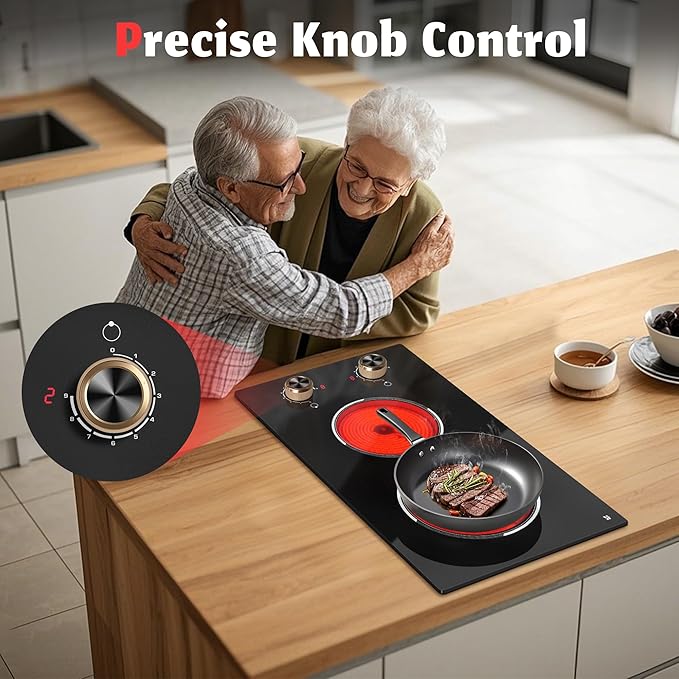 2 Burner Electric Cooktop, Built-in & Countertop Electric Stovetop 12 Inch, Ceramic Cook Top with Knob Control, 9 Power Levels Setting, Over-Temperature Protection, 110V - 120V Plug in
