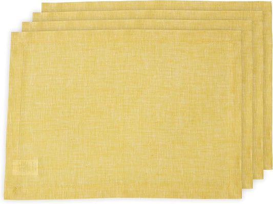 Solino Home Linen Placemats Set of 4-100% Pure Linen Chambray Lemon Yellow Cloth Placemats 14 x 19 Inch - Athena