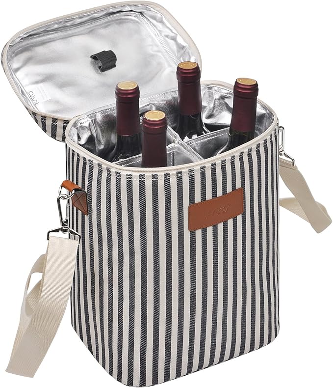 Tirrinia 4 Bottle Leakproof Insulated Wine Carrier Tote Bag - Padded and Portable for Travel, Restaurants, Tastings, Parties - Great Gift for Wine Lovers, Stripe Pattern