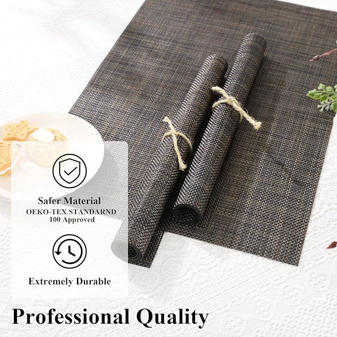 SHACOS Placemats Set of 6 Woven Vinyl Place Mats Wipeable Heat Resistant Plastic Non Slip Table Mats Indoor Outdoor, Black Brown