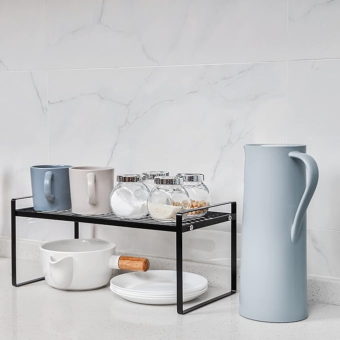 2Pack Kitchen Cabinet Shelf Counter Organizer Rack Pantry Storage Bathroom Bedroom Office Table Desk Space Saving Stackable Rust Resistant Non Slip Black Wide L16.1in W10.6in H7.3in