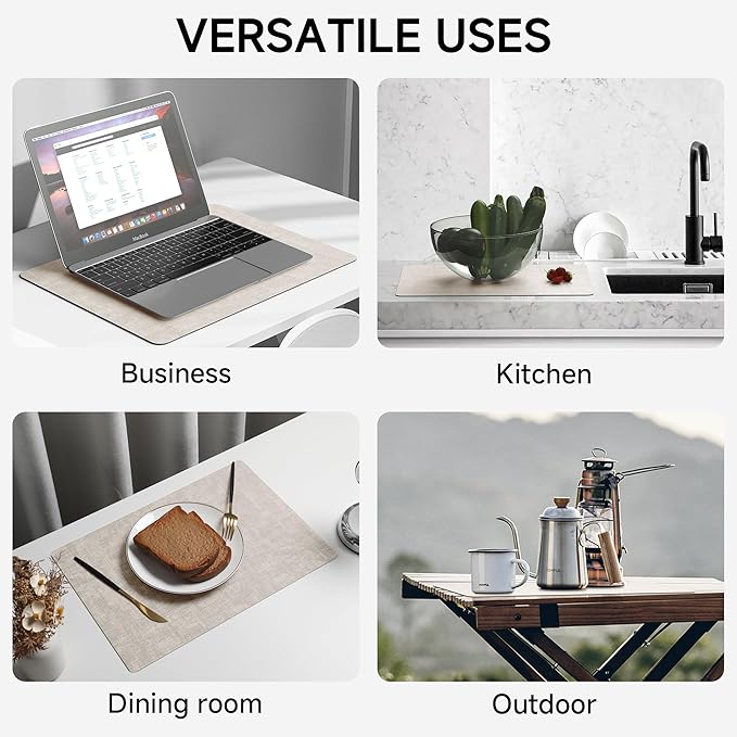 Faux Leather Vinyl Placemats Set of 4 Wipeable Heat Resistant Place Mats 100% Washable - Waterproof - Anti Slip Reversible Table Mats for Kitchen/Dining/Party, 12" x 16.5", Beige