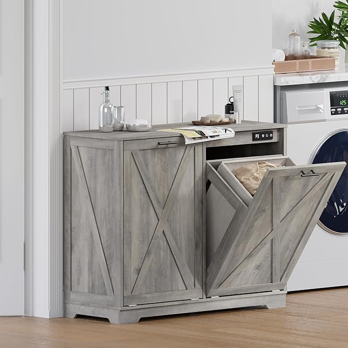 Tilt Out Trash Can Cabinet for 2 Bins, Hidden Recycle Garbage Bin Enclosure, Wooden Double Laundry Cabinet with Odor Control, Negative Ion & Ozone, for Kitchen, Bathroom, Laundry Room