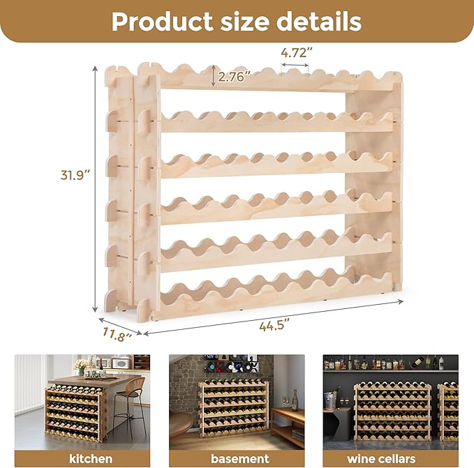 JAXPETY Stackable Wine Rack,6-Tier Wobble-Free Modular Wines Holder,Continuously Store Pinot Bottles,Floor Freestanding Storage Display Shelf for Kitchen Cellar Home Bar(54 Bottle)
