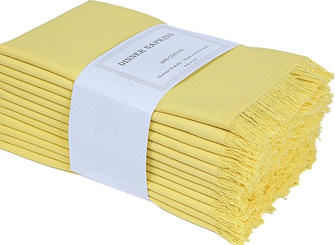 Bedding Craft Cotton Cloth Dinner Napkins Set of 12 – 18x18 Golden Kiwi Yellow with Fringed Corners – Machine Washable Fabric Napkins for Weddings, Baby Showers & Everyday Dining
