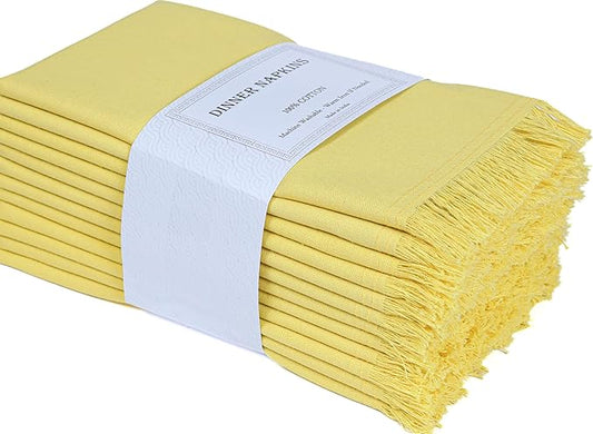 Bedding Craft Cotton Cloth Dinner Napkins Set of 12 – 18x18 Golden Kiwi Yellow with Fringed Corners – Machine Washable Fabric Napkins for Weddings, Baby Showers & Everyday Dining