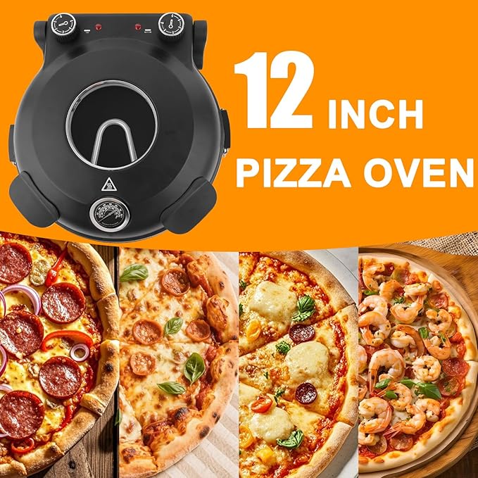 Pizza Oven Indoor, 12 Inch Retro Pizza Maker, Rapid Heating 800˚F, 1200W Glazed Ceramic Stone Electric Pizza Cooker, Two-button Precise Temperature Control, Viewing Window for Precise Cooking