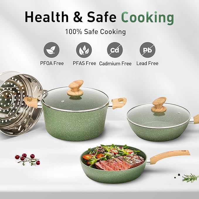Kitchen Academy 17Pcs Sage Green Pots and Pans Set Non Stick, Induction Kitchen Cookware Sets, Nonstick Granite Cooking Pans Set with PFOA&PFOS Free