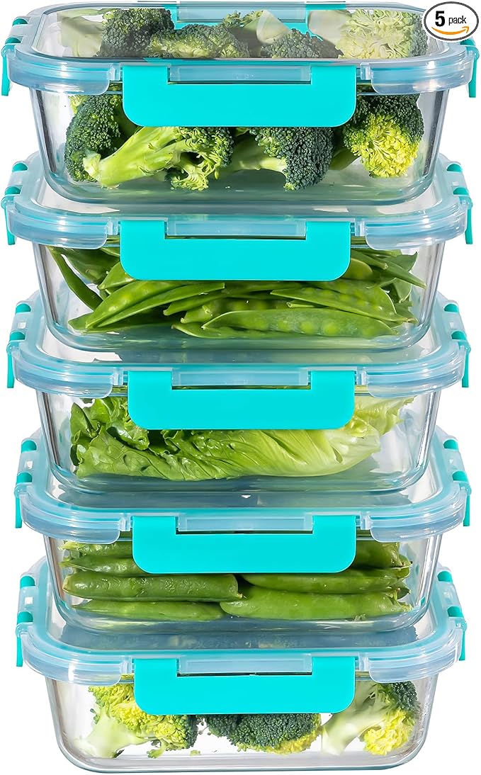 MFY 5-Pack 36 OZ Glass Storage Containers with Lids, Glass Meal Prep Containers Set, Airtight Lunch Containers with Lids, Microwave, Oven, Freezer and Dishwasher Safe, Green