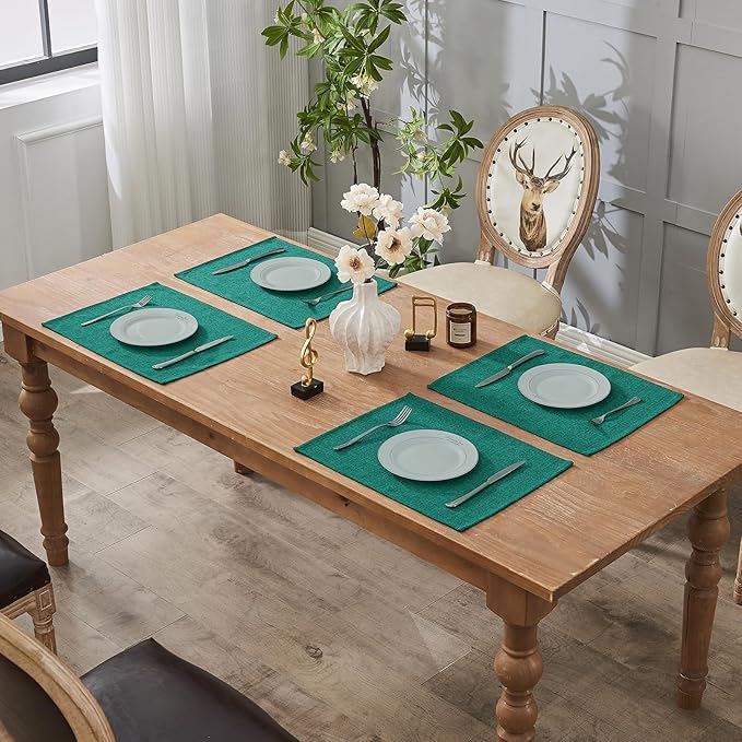 BALCONY & FALCON Placemats Set of 6 Faux Linen Cloth Place Mats Washable Waterproof Wrinkle Resistant Table Placemats for Dining Kitchen Farmhouse Indoor & Outdoor Use(Teal, 13.8”x 17.7”