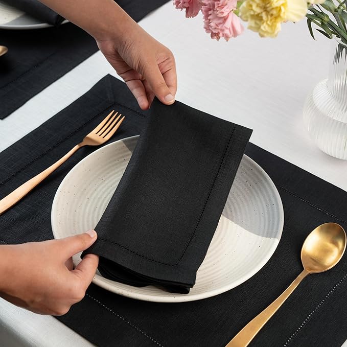 D'Moksha Homes Black Linen Napkins Set of 8 - Classic Hemstitch 100% Pure Linen Hemstitch Dinner Napkins 20 x 20 Inch for Fall, Thanksgiving, Holiday - Handcrafted and Machine Washable