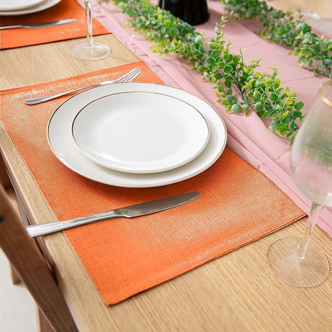Linen Fabric Placemats Set of 6, Machine Washable, Heat Resistant, Wrinkle Free, Thick Polyester Kitchen Place Mats for Dining Table (Orange)