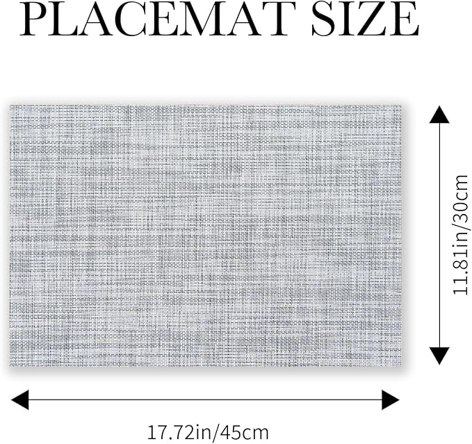BACKTOEDEN Placemats Set of 12 Heat Resistant Washable Wipeable Placemat Woven Non-Slip Foldable Vinyl/Plastic Place Mats Indoor/Outdoor Mat Kitchen Dining Table Pad, Gray