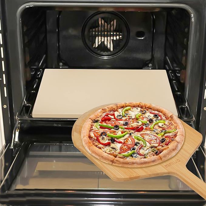 Pizza Stone and Wood Peel Set for Oven and Grill - 12x15 Inch Rectangular Baking Stone with Bamboo Peel, Perfect for Crisp Crust Pizza, Breads, Cheese, and More