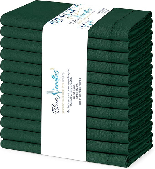 Blue Needles Set of 12 Hemstitch Linen Napkins 100% Cotton Forest Green Cloth Dinner Napkins 18x18 inches - Soft, Reusable and Washable Spring Summer Napkins, Ideal for Events, Parties & Everyday Use