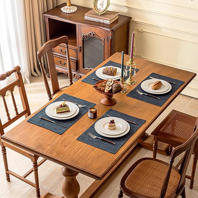 KXN Placemats Set of 6, Dual-Layer Thickened Faux Linen Table Mats, Heat Resistant & Wrinkle-Free, Machine Washable Cloth Place Mats for Kitchen Dining Indoor Outdoor (Dark Grey)