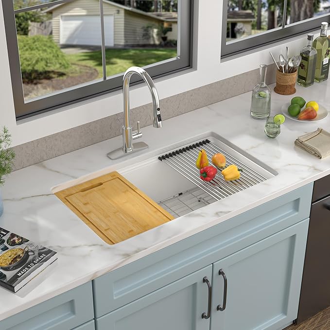 32 Granite Composite Kitchen Sink - Fulorni 32"x19" Granite Kitchen Sink Undermount Ledge Workstation White Quartz Classic Under Counter Single Bowl Basin