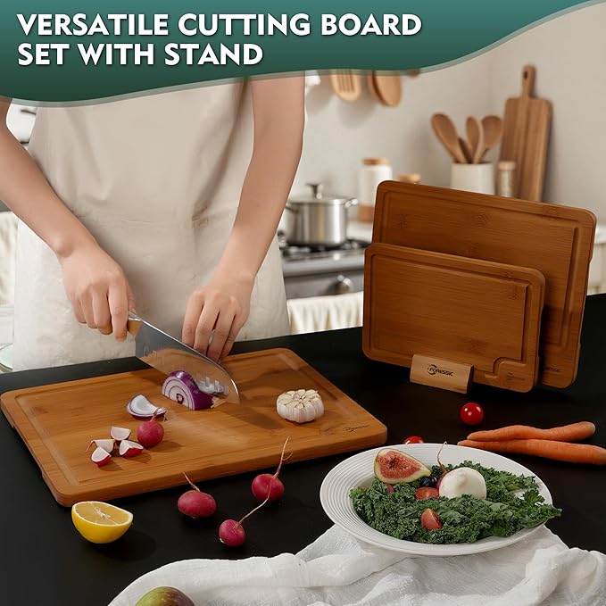 Bamboo Cutting Board, Non Slip Wood Cutting Boards for Kitchen 3 Packs Holder and Over Sink Nice Solid Thick Durable Cutting Boards for Kitchen Large Small Vegetables Fruits Kitchen Gifts (Carbonized)