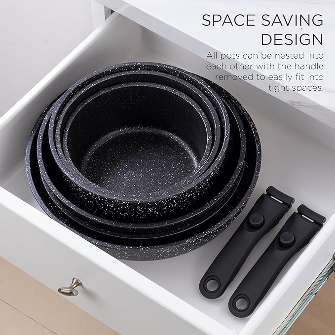 Country Kitchen Cookware Set with Removable Handle, Oven & RV Safe Pots and Pans Set, Black, Deluxe Larger Set