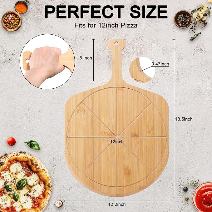 Bamboo Pizza Peel - 18.5"x12.2" with 12" Pizza Cutting Board, Pizza Paddle Spatula with 8 Slice Grooves, also fit for Cheese Bread Fruit Vegetables