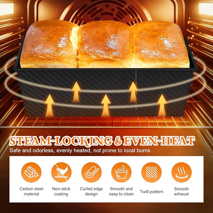 Pullman Loaf Pan Set with Lids – 2 Pack Nonstick Bread Pans for Baking, 2.2lb & 1lb Dough Capacity, Carbon Steel Sandwich Toast Mold for Shokupan, Pain de Mie & Sourdough with Baking Tools