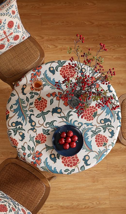 patdrea Designer Floral Linen Table Cloth Durable Breathable Tabletop Cover Dacorative Kitchen Dining Tablecloth for Round Tables for Kitchen Dining Parties,Holiday Christmas,Diameter 55"