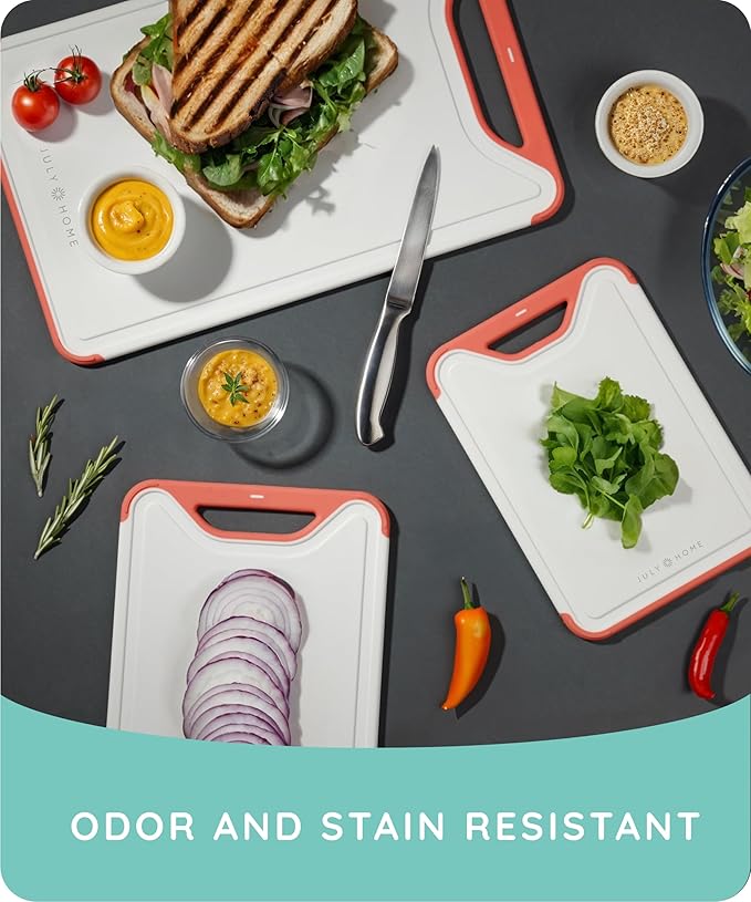 Cutting Boards for Kitchen, Plastic Cutting Board Set of 3, Dishwasher Safe Cutting Boards with Juice Grooves for Meat, Veggies, Easy Grip Handle, Serveware Accessories (Pink)