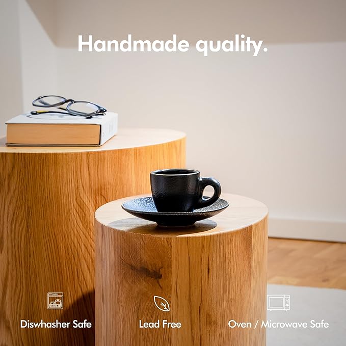 KIVY 3 oz Espresso cups set of 4 - Thick walled stoneware espresso cup set - Italian style cups and saucers - Demitasse cups set of 4 - Espresso mugs black - Coffee shot cups & saucers