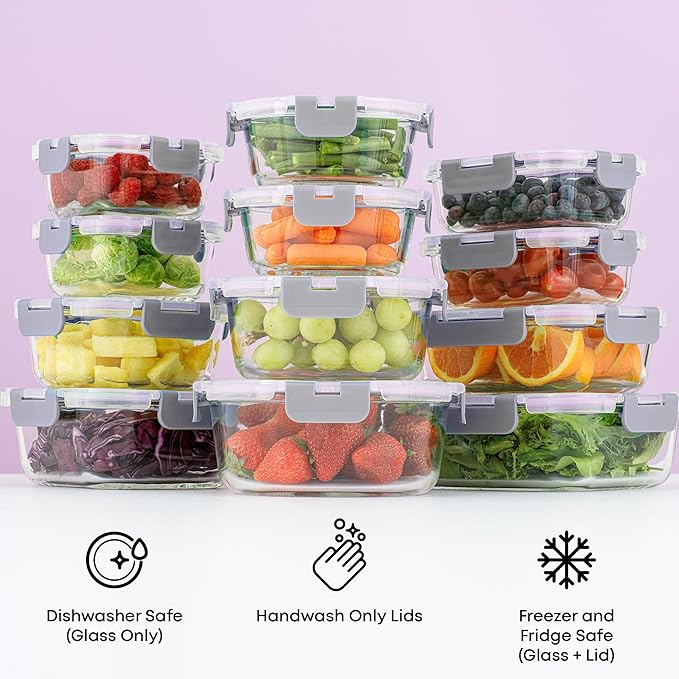 JoyJolt 24pc Borosilicate Glass Storage Containers with Lids | 12 Airtight/Freezer Safe Food Storage Containers for Pantry and Kitchen | Meal Prep Container for Lunch | Glass Tupperware Set
