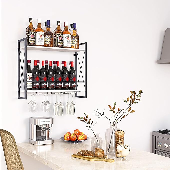 Dokser Wine Rack Wall Mounted 2 Tier Shelf, Wall Wine Rack with Rustic Wood & Industrial Iron Frame, Wine Bottle Holder for Kitchen, Dining Room, Home Bar Decor (White)