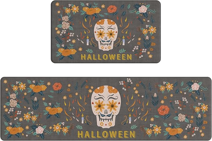 GENIMO Halloween Decorations - Kitchen Mats for Floor, 2PCS Kitchen Rugs, Cushioned Anti Fatigue Mat for Home Decor, Waterproof Non-Slip Comfort Standing Mat for Laundry, 17.3"x59"+17.3"x30", Grey