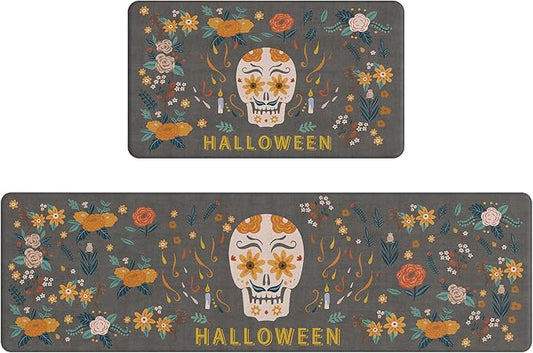 GENIMO Halloween Decorations - Kitchen Mats for Floor, 2PCS Kitchen Rugs, Cushioned Anti Fatigue Mat for Home Decor, Waterproof Non-Slip Comfort Standing Mat for Laundry, 17.3"x59"+17.3"x30", Grey