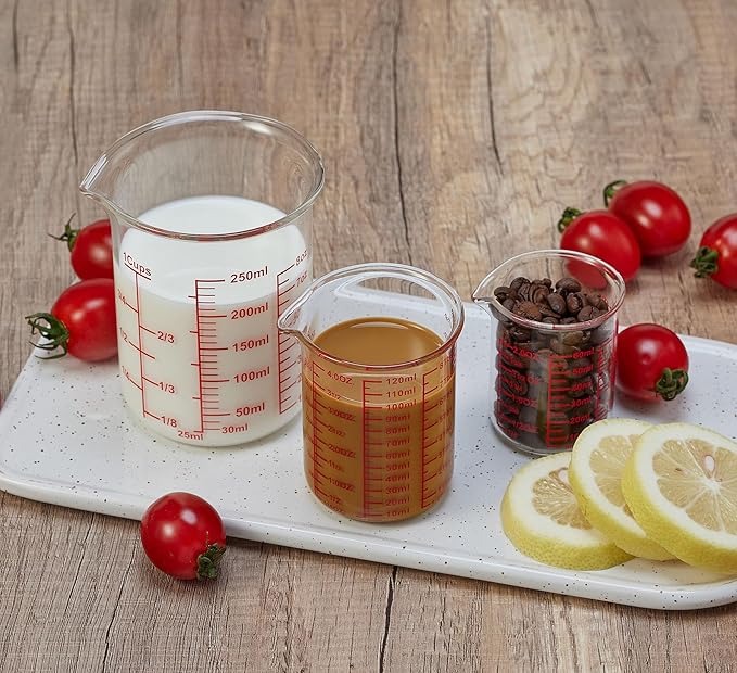 Ackers High Borosilicate Glass Measuring Cup Set with Pour Spout,60ml(2OZ),120ml(4OZ), 250ml(8OZ) Glass Measuring Beaker for Kitchen or Restaurant, Easy to Read